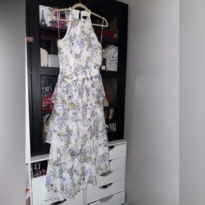 Halogen Metallic Floral Asymmetric Hem Cocktail Dress